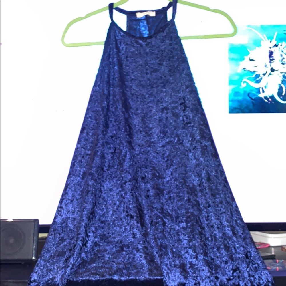 High neck blue velvet dress